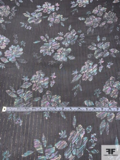 Floral Sketch Printed Silk Chiffon With Lurex Pinstripes - Black / Turquoise / Lavender / Gold -Fabrics And Fabrics Store 14362 5