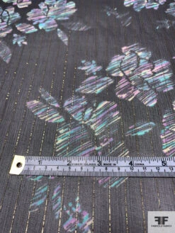 Floral Sketch Printed Silk Chiffon With Lurex Pinstripes - Black / Turquoise / Lavender / Gold -Fabrics And Fabrics Store 14362 6