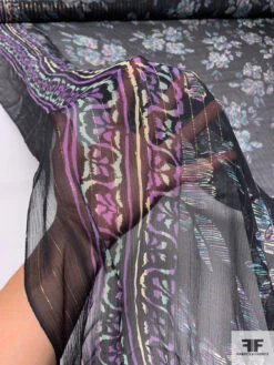 Floral Sketch Printed Silk Chiffon With Lurex Pinstripes - Black / Turquoise / Lavender / Gold -Fabrics And Fabrics Store 14362 8