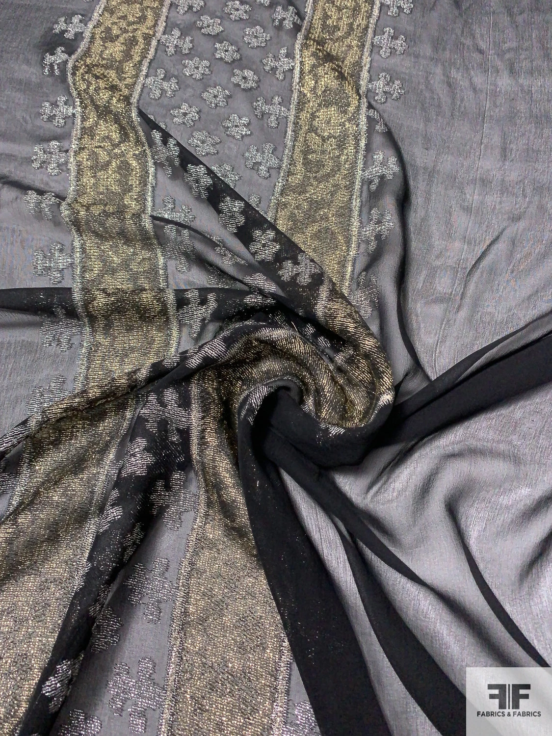 Silk Chiffon With Ornate Metallic Border Pattern - Black / Silver / Gold 6 Silk Chiffon With Ornate Metallic Border Pattern - Black / Silver / Gold - Image 4