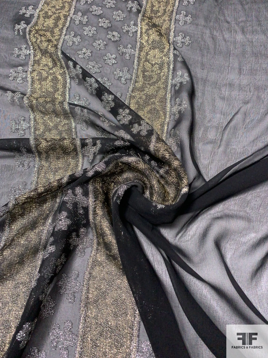 Silk Chiffon With Ornate Metallic Border Pattern - Black / Silver / Gold 5 Silk Chiffon With Ornate Metallic Border Pattern - Black / Silver / Gold - Image 3