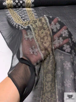 Silk Chiffon With Ornate Metallic Border Pattern - Black / Silver / Gold