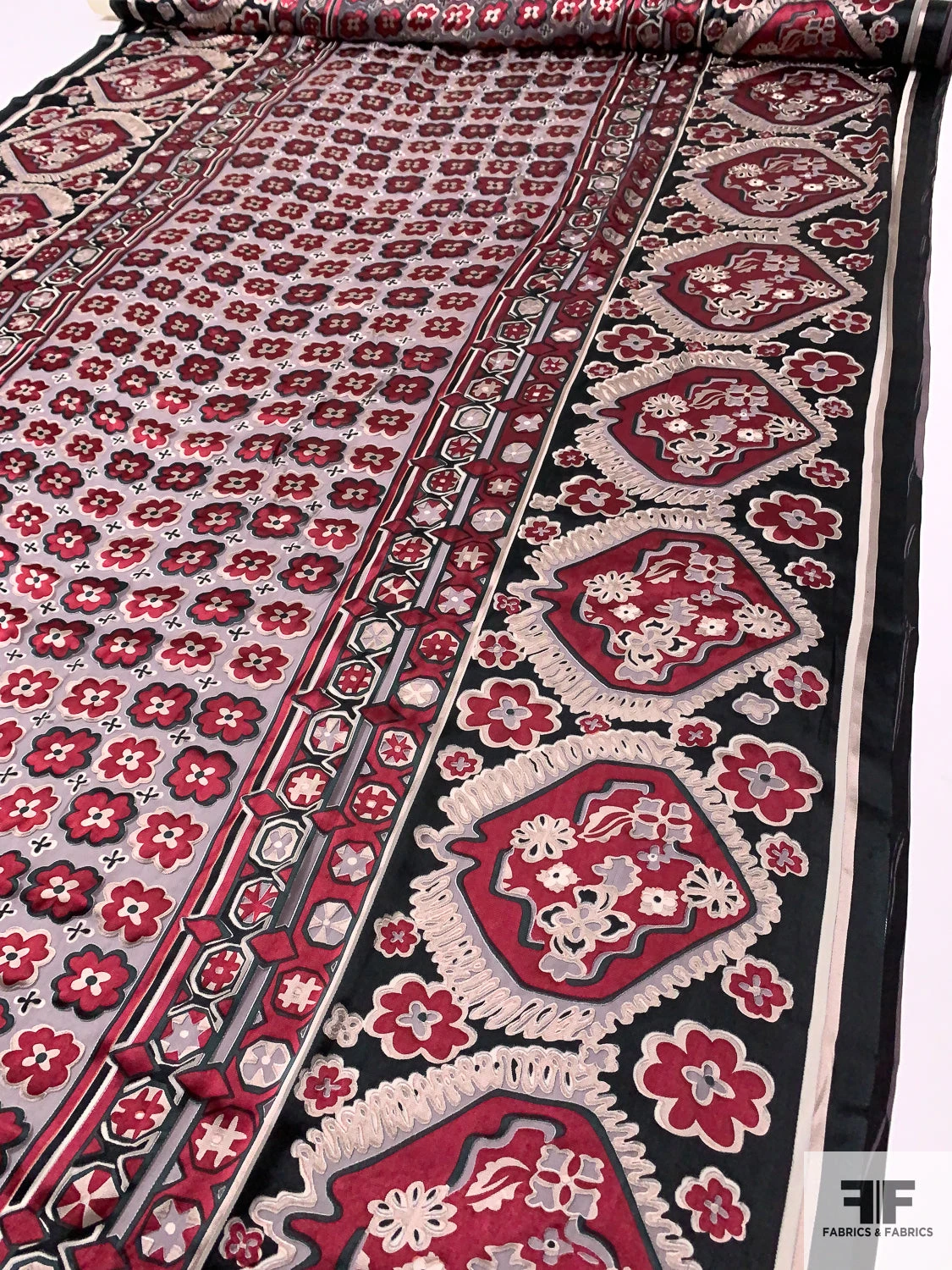 Floral Rug Motif Burnout Silk Chiffon - Wine / Black / Tan 3 Floral Rug Motif Burnout Silk Chiffon - Wine / Black / Tan