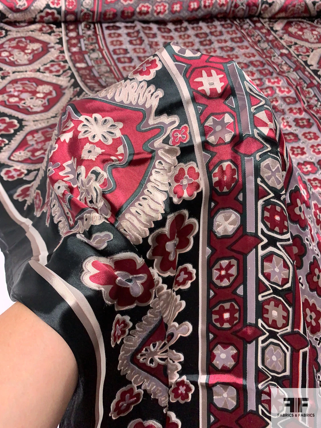 Floral Rug Motif Burnout Silk Chiffon - Wine / Black / Tan 4 Floral Rug Motif Burnout Silk Chiffon - Wine / Black / Tan - Image 2