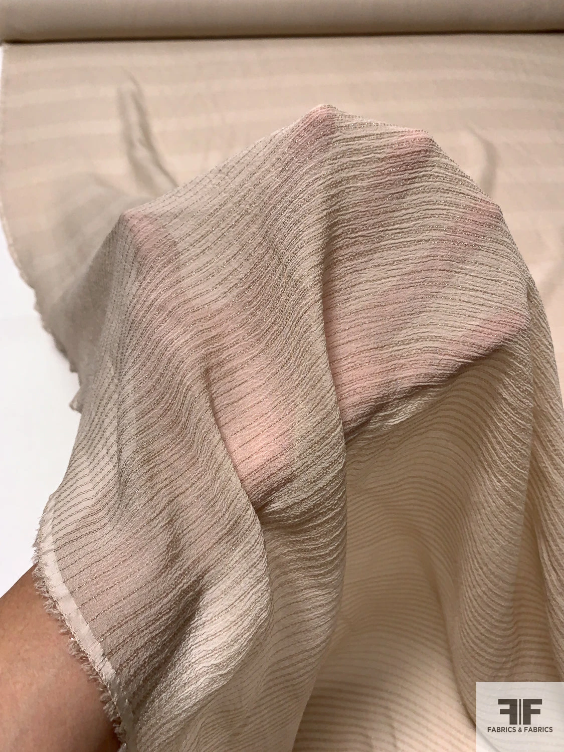 Textured Silk Chiffon With Horizontal Lurex Pinstripes - Light Tan 10 Textured Silk Chiffon With Horizontal Lurex Pinstripes - Light Tan - Image 8