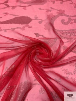 French Fine Silk Chiffon With Paisley Border Lurex Design - Strawberry / Green / Red -Fabrics And Fabrics Store 14394 1