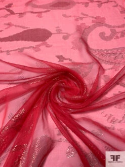 French Fine Silk Chiffon With Paisley Border Lurex Design - Strawberry / Green / Red -Fabrics And Fabrics Store 14394 2