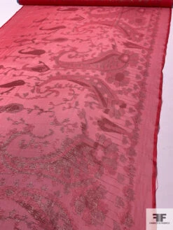 French Fine Silk Chiffon With Paisley Border Lurex Design - Strawberry / Green / Red