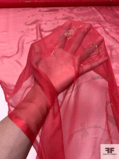 French Fine Silk Chiffon With Paisley Border Lurex Design - Strawberry / Green / Red -Fabrics And Fabrics Store 14394 8