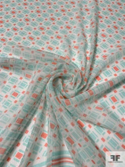 Geometric Printed Metallic Silk Chiffon Panel - Aquamarine / Coral / Off-White -Fabrics And Fabrics Store 14419 1