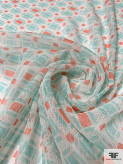 Geometric Printed Metallic Silk Chiffon Panel - Aquamarine / Coral / Off-White -Fabrics And Fabrics Store 14419 3