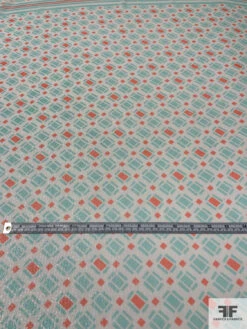 Geometric Printed Metallic Silk Chiffon Panel - Aquamarine / Coral / Off-White -Fabrics And Fabrics Store 14419 4