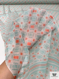 Geometric Printed Metallic Silk Chiffon Panel - Aquamarine / Coral / Off-White -Fabrics And Fabrics Store 14419 7