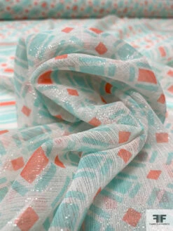 Geometric Printed Metallic Silk Chiffon Panel - Aquamarine / Coral / Off-White