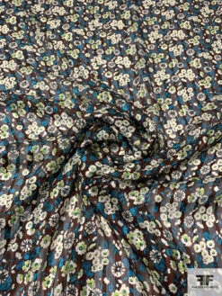 Anna Sui Ditsy Floral Printed Satin Striped Silk Chiffon - Brown / Turquoise / Lime / Off-White -Fabrics And Fabrics Store 14422 2