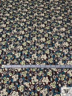 Anna Sui Ditsy Floral Printed Satin Striped Silk Chiffon - Brown / Turquoise / Lime / Off-White -Fabrics And Fabrics Store 14422 4