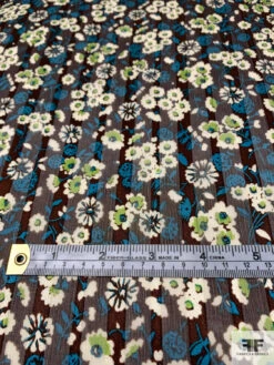 Anna Sui Ditsy Floral Printed Satin Striped Silk Chiffon - Brown / Turquoise / Lime / Off-White -Fabrics And Fabrics Store 14422 5