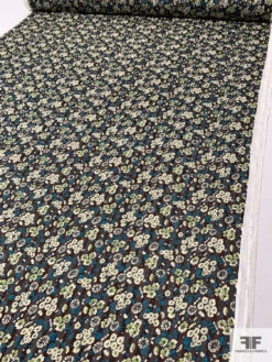 Anna Sui Ditsy Floral Printed Satin Striped Silk Chiffon - Brown / Turquoise / Lime / Off-White -Fabrics And Fabrics Store 14422 6