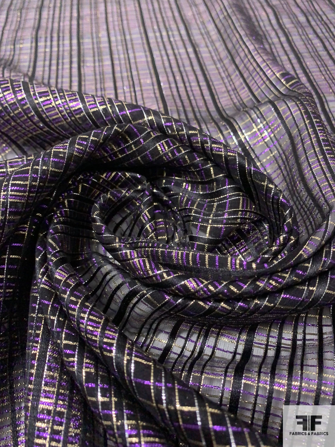 French Lurex Plaid Novelty Silk Chiffon - Black / Purple / Gold 7 French Lurex Plaid Novelty Silk Chiffon - Black / Purple / Gold - Image 5