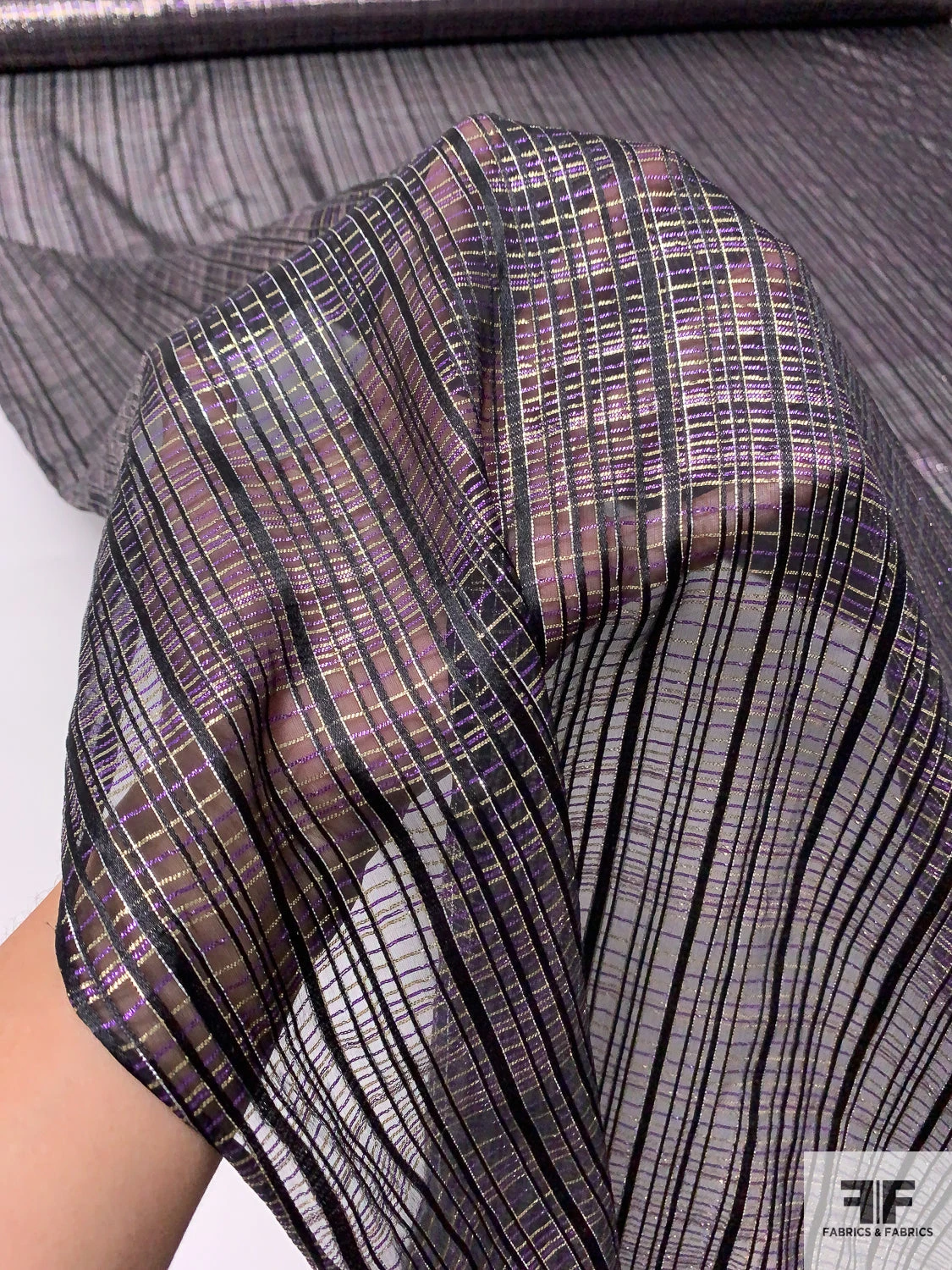 French Lurex Plaid Novelty Silk Chiffon - Black / Purple / Gold 4 French Lurex Plaid Novelty Silk Chiffon - Black / Purple / Gold - Image 2