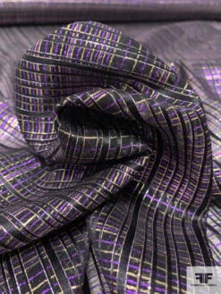 French Lurex Plaid Novelty Silk Chiffon - Black / Purple / Gold