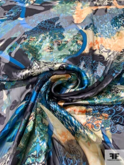 Abstract Printed Burnout Silk Blend Chiffon - Teal / Turquoise / Black / Oranges