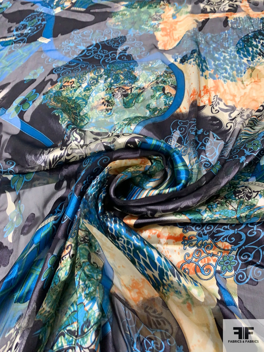 Abstract Printed Burnout Silk Blend Chiffon - Teal / Turquoise / Black / Oranges 3 Abstract Printed Burnout Silk Blend Chiffon - Teal / Turquoise / Black / Oranges