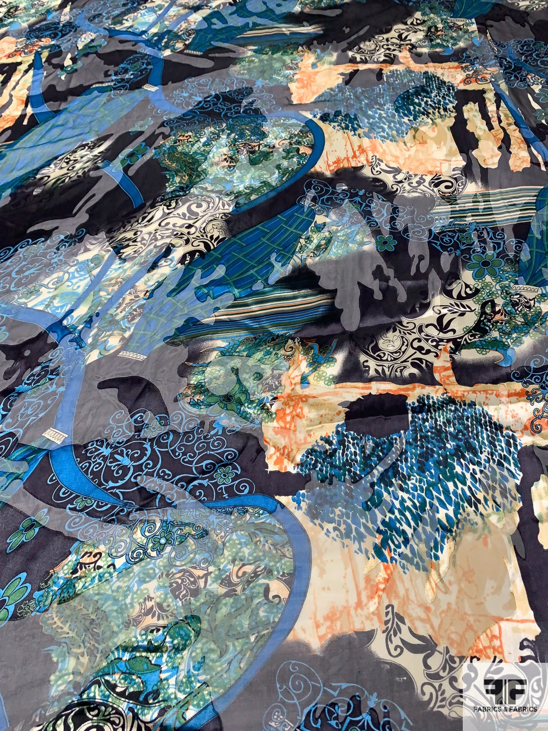 Abstract Printed Burnout Silk Blend Chiffon - Teal / Turquoise / Black / Oranges 6 Abstract Printed Burnout Silk Blend Chiffon - Teal / Turquoise / Black / Oranges - Image 4