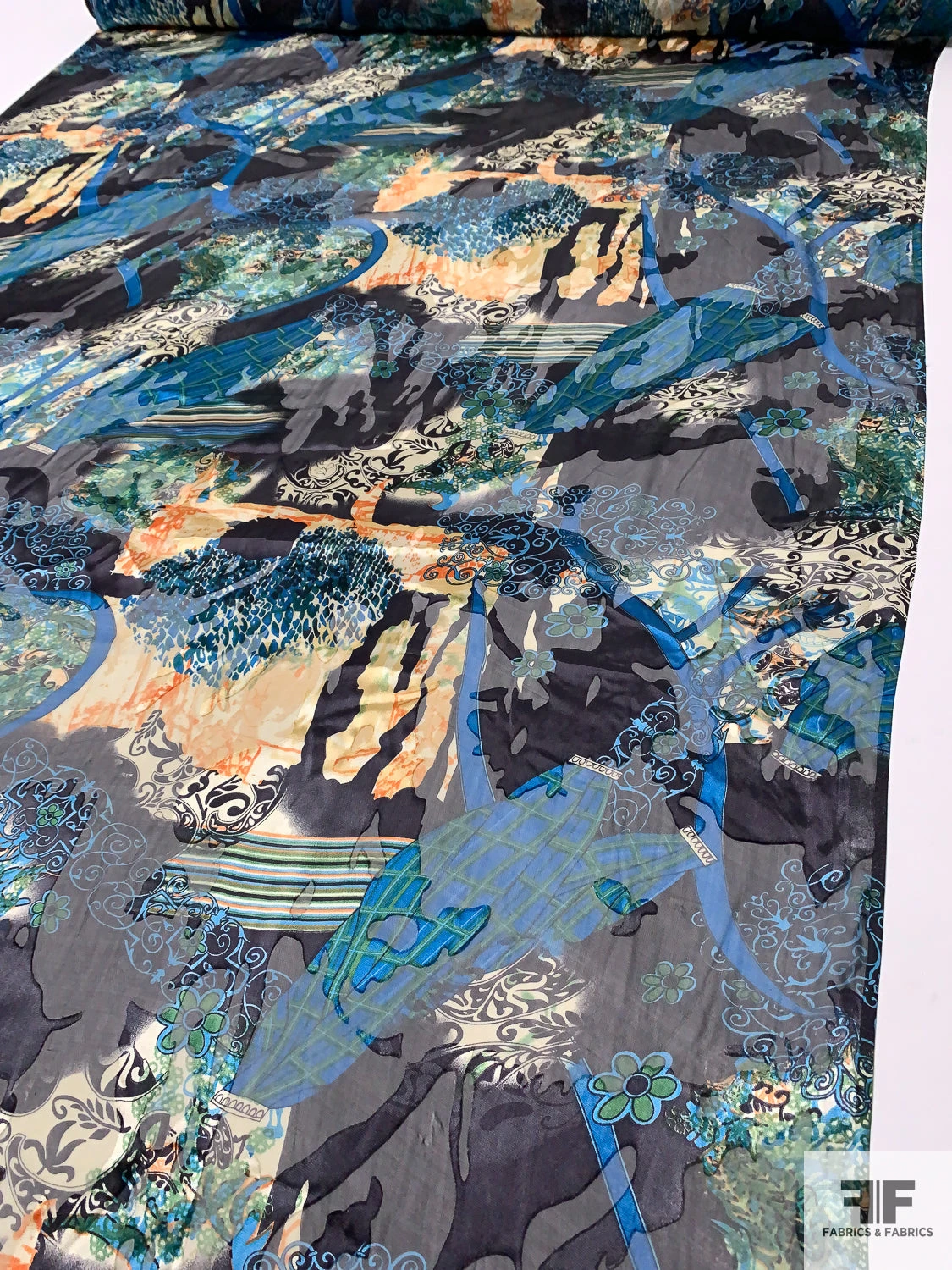 Abstract Printed Burnout Silk Blend Chiffon - Teal / Turquoise / Black / Oranges 4 Abstract Printed Burnout Silk Blend Chiffon - Teal / Turquoise / Black / Oranges - Image 2