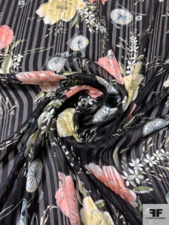 Bicycles And Flowers On Vertical Striped Burnout Silk - Black / Coral / Yellow / Green -Fabrics And Fabrics Store 14455 1