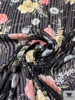Bicycles And Flowers On Vertical Striped Burnout Silk - Black / Coral / Yellow / Green -Fabrics And Fabrics Store 14455 2