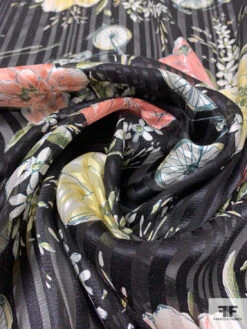 Bicycles And Flowers On Vertical Striped Burnout Silk - Black / Coral / Yellow / Green -Fabrics And Fabrics Store 14455 3