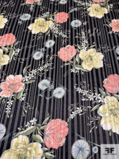 Bicycles And Flowers On Vertical Striped Burnout Silk - Black / Coral / Yellow / Green