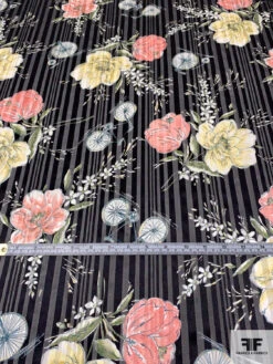 Bicycles And Flowers On Vertical Striped Burnout Silk - Black / Coral / Yellow / Green -Fabrics And Fabrics Store 14455 5