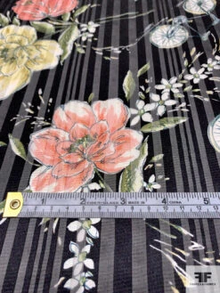 Bicycles And Flowers On Vertical Striped Burnout Silk - Black / Coral / Yellow / Green -Fabrics And Fabrics Store 14455 6