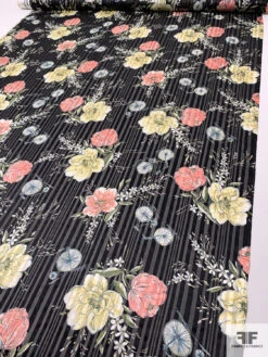 Bicycles And Flowers On Vertical Striped Burnout Silk - Black / Coral / Yellow / Green -Fabrics And Fabrics Store 14455 7