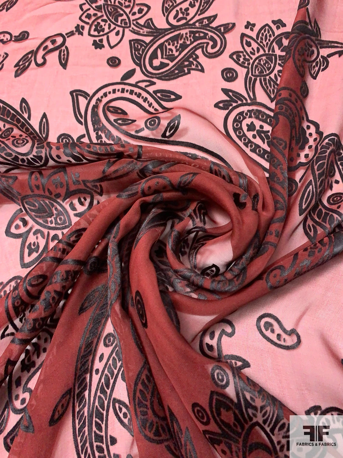 Paisley Pattern Silk-Rayon Burnout Chiffon - Brick Red / Black 3 Paisley Pattern Silk-Rayon Burnout Chiffon - Brick Red / Black