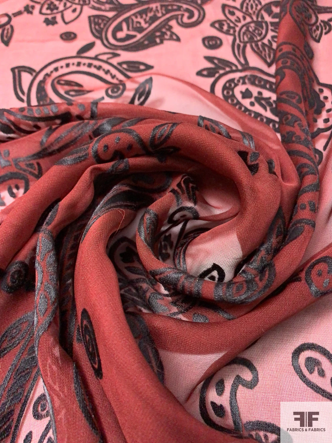 Paisley Pattern Silk-Rayon Burnout Chiffon - Brick Red / Black 6 Paisley Pattern Silk-Rayon Burnout Chiffon - Brick Red / Black - Image 4