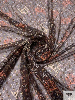 Wispy Paisley Printed Silk Chiffon With Gold Lurex Dots - Brown / Peach / Black / Ivory