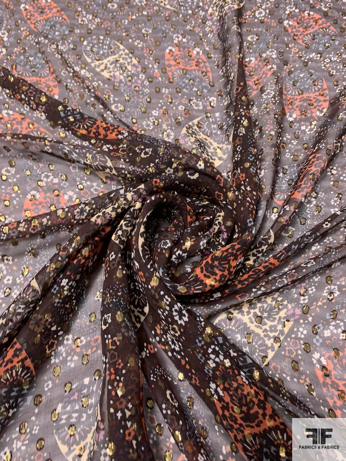 Wispy Paisley Printed Silk Chiffon With Gold Lurex Dots - Brown / Peach / Black / Ivory 5 Wispy Paisley Printed Silk Chiffon With Gold Lurex Dots - Brown / Peach / Black / Ivory - Image 3
