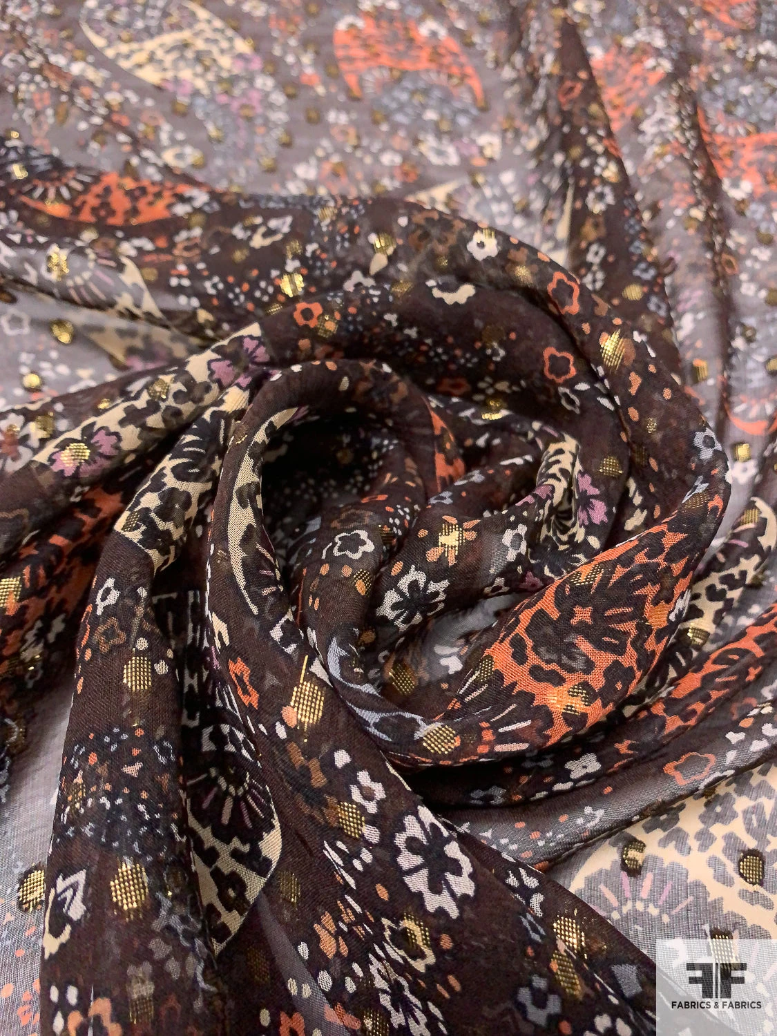 Wispy Paisley Printed Silk Chiffon With Gold Lurex Dots - Brown / Peach / Black / Ivory 6 Wispy Paisley Printed Silk Chiffon With Gold Lurex Dots - Brown / Peach / Black / Ivory - Image 4