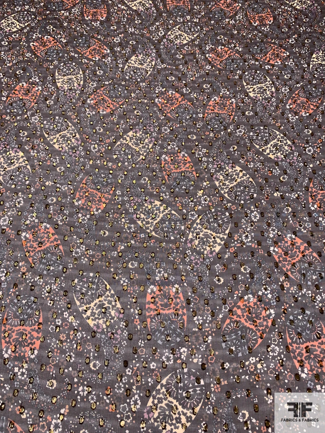 Wispy Paisley Printed Silk Chiffon With Gold Lurex Dots - Brown / Peach / Black / Ivory 7 Wispy Paisley Printed Silk Chiffon With Gold Lurex Dots - Brown / Peach / Black / Ivory - Image 5