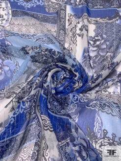 Floral Collage Printed Silk Chiffon With Silver Lurex Pinstripes - Blue / Navy / Off-White