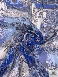 Floral Collage Printed Silk Chiffon With Silver Lurex Pinstripes - Blue / Navy / Off-White 12 Floral Collage Printed Silk Chiffon With Silver Lurex Pinstripes - Blue / Navy / Off-White -Fabrics And Fabrics Store 14462 2