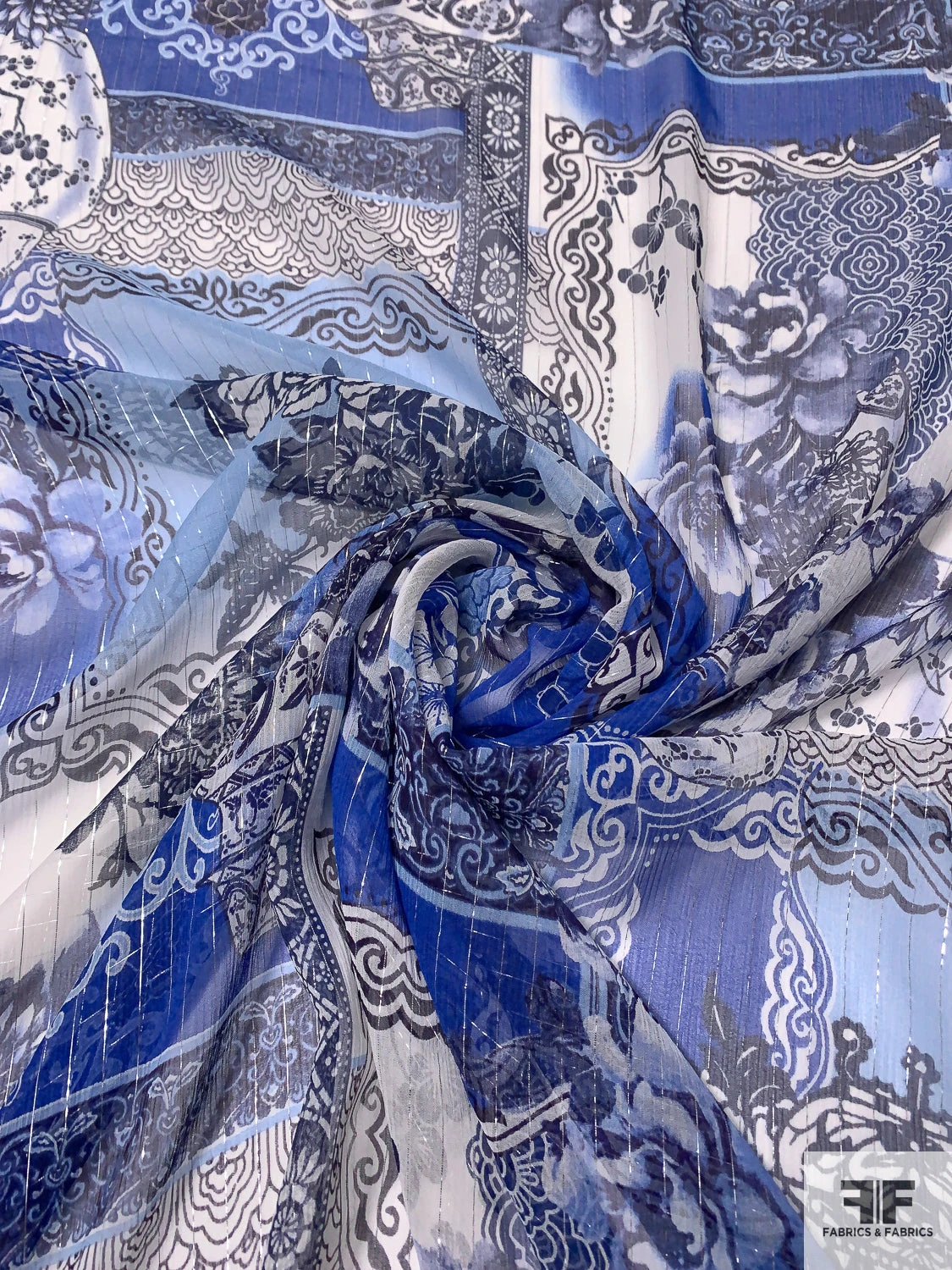 Floral Collage Printed Silk Chiffon With Silver Lurex Pinstripes - Blue / Navy / Off-White 5 Floral Collage Printed Silk Chiffon With Silver Lurex Pinstripes - Blue / Navy / Off-White - Image 3