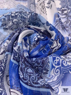 Floral Collage Printed Silk Chiffon With Silver Lurex Pinstripes - Blue / Navy / Off-White 13 Floral Collage Printed Silk Chiffon With Silver Lurex Pinstripes - Blue / Navy / Off-White -Fabrics And Fabrics Store 14462 3