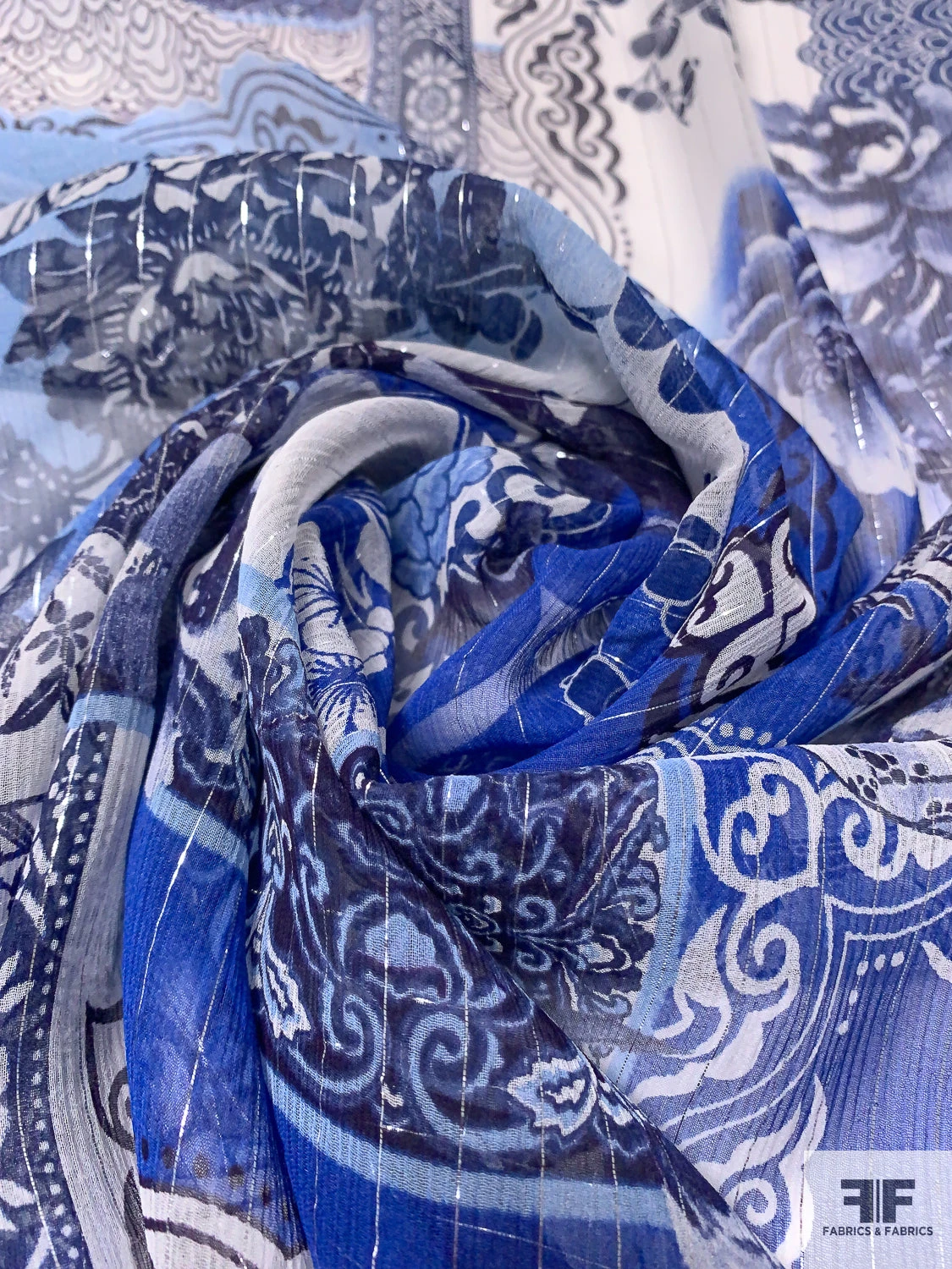 Floral Collage Printed Silk Chiffon With Silver Lurex Pinstripes - Blue / Navy / Off-White 6 Floral Collage Printed Silk Chiffon With Silver Lurex Pinstripes - Blue / Navy / Off-White - Image 4