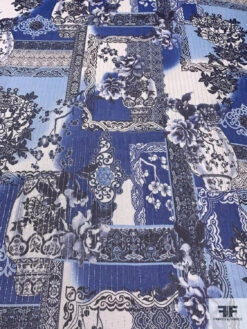 Floral Collage Printed Silk Chiffon With Silver Lurex Pinstripes - Blue / Navy / Off-White 14 Floral Collage Printed Silk Chiffon With Silver Lurex Pinstripes - Blue / Navy / Off-White -Fabrics And Fabrics Store 14462 4