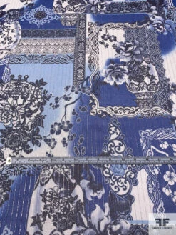 Floral Collage Printed Silk Chiffon With Silver Lurex Pinstripes - Blue / Navy / Off-White 15 Floral Collage Printed Silk Chiffon With Silver Lurex Pinstripes - Blue / Navy / Off-White -Fabrics And Fabrics Store 14462 5