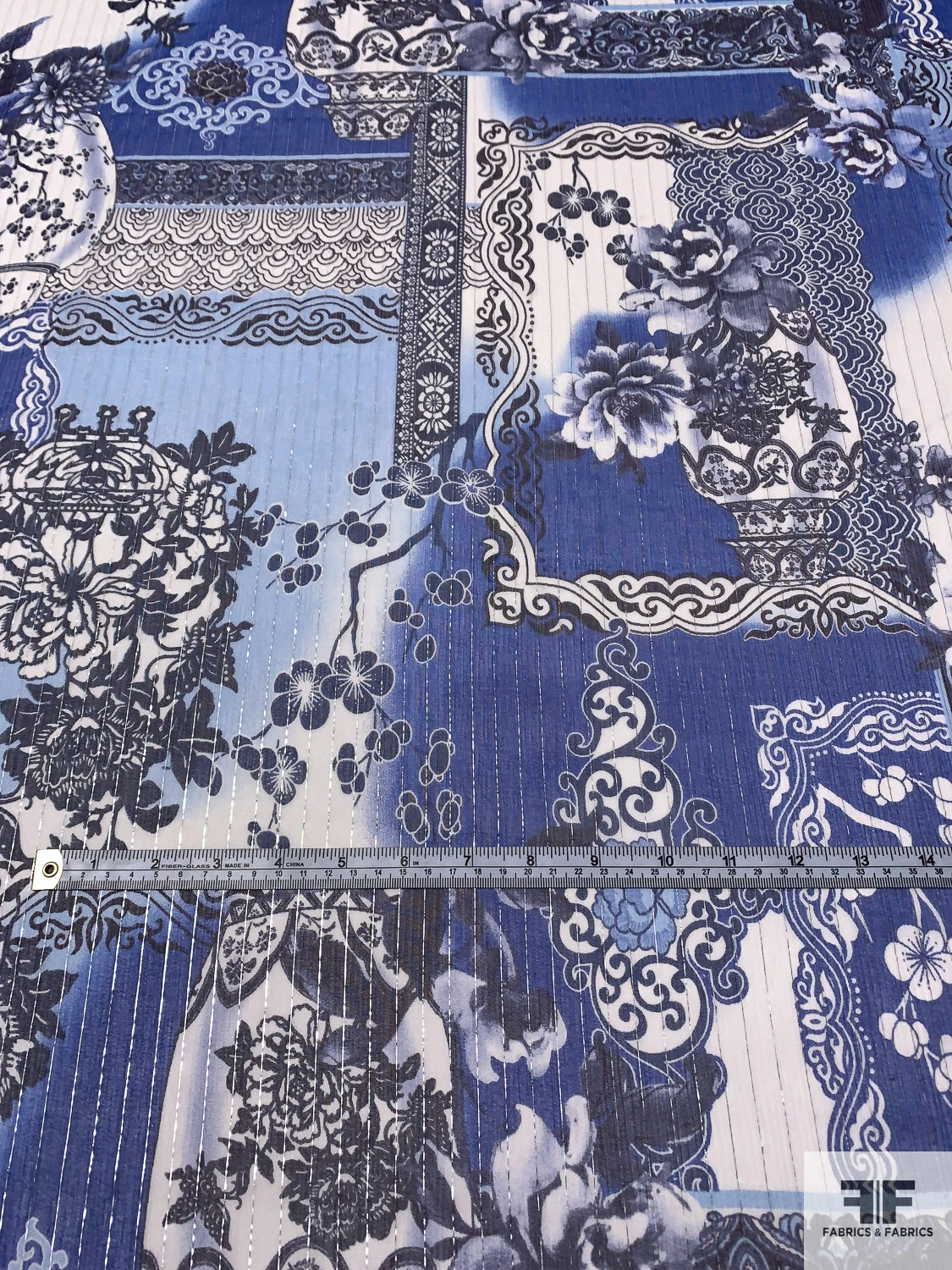 Floral Collage Printed Silk Chiffon With Silver Lurex Pinstripes - Blue / Navy / Off-White 8 Floral Collage Printed Silk Chiffon With Silver Lurex Pinstripes - Blue / Navy / Off-White - Image 6